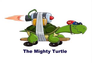 The turtle on a skateboard wearng a rocket symbolizes perseverance with a side of humor.