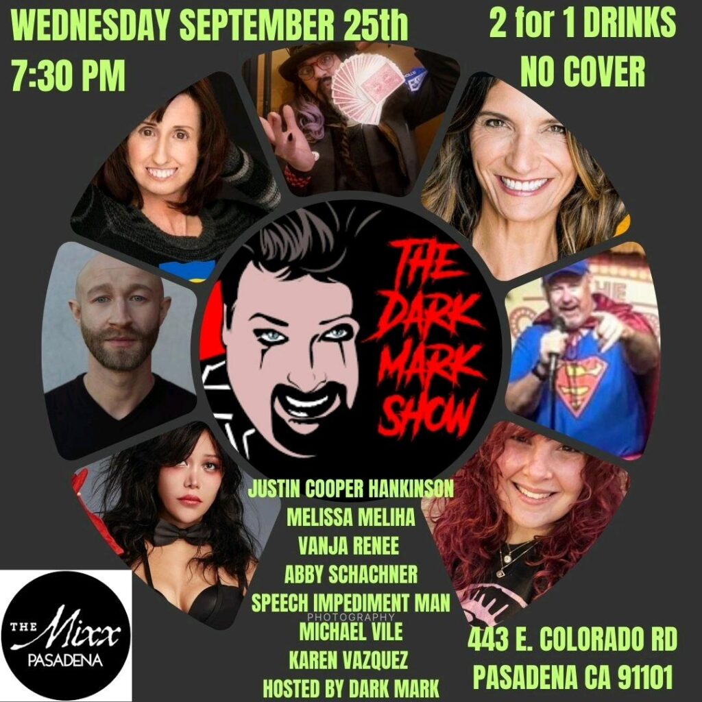 A comedy show flyer showing seven comedians with their names announcing a show for Wednesday, September 25th.