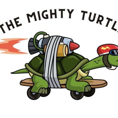 cartoon turtle with a rocket tying the turtle to a skateboard.